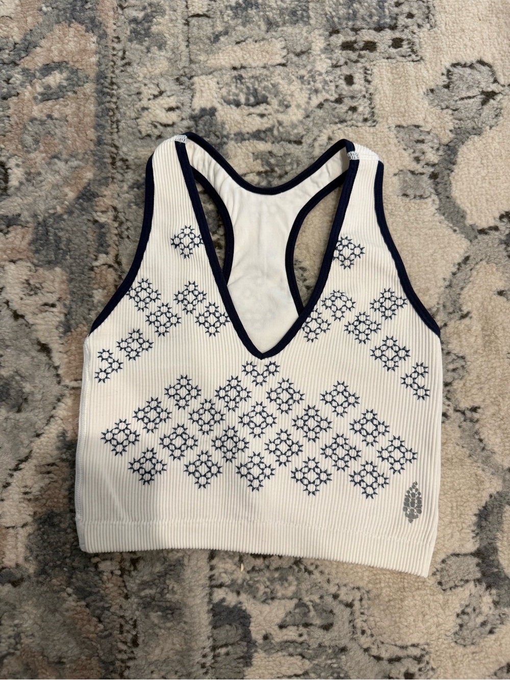 FP Movement by Free People White Ribbed Tank with Navy Geometric Print